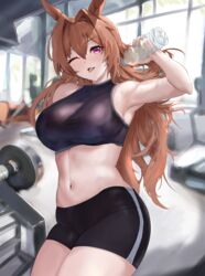  ;d absurdres animal_ears armpits bad_id bad_pixiv_id bare_shoulders black_shorts black_sports_bra breasts brown_hair commentary_request cowboy_shot daiwa_scarlet_(umamusume) exercise_machine female gym hair_between_eyes hair_intakes highres horse_ears horse_girl horse_tail indoors large_breasts long_hair looking_at_viewer midriff navel oerba_yun_fang one_eye_closed open_mouth red_eyes short_shorts shorts sidelocks smile solo sports_bra standing tail tsubuika_(kxsc7542) twintails umamusume very_long_hair 