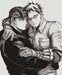  2boys absurdres aikawa_(dorohedoro) arm_hug backwards_hat bara closed_eyes collared_shirt dorohedoro facial_mark florbetriz focused gloves greyscale hand_on_another&#039;s_shoulder hand_on_another&#039;s_waist hat highres hug looking_to_the_side male_focus monochrome multicolored_hair multiple_boys muscular muscular_male mutual_hug pectoral_docking pectoral_press risu_(dorohedoro) shirt short_hair sideburns simple_background upper_body waist_hug yaoi 