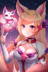  ahri_(league_of_legends) animal_ears bare_shoulders blonde_hair blush breasts choker cleavage detached_sleeves female fox_ears fox_girl fox_tail grey_sleeves hair_ornament heart highres holding holding_heart large_breasts league_of_legends long_hair looking_at_viewer magical_girl pink_eyes purple_choker shrimp_cake smile solo star_(symbol) star_guardian_(league_of_legends) star_guardian_ahri star_guardian_pet star_hair_ornament tail upper_body 