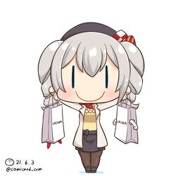  artist_logo bag black_footwear black_headwear black_pantyhose black_skirt blush chibi closed_mouth coat dated female grey_hair holding kantai_collection kashima_(kancolle) long_hair looking_at_viewer neckerchief one-hour_drawing_challenge pantyhose red_neckerchief shiromaru_(maniado) shirt shoes sidelocks simple_background skirt smile solo twintails twitter_username wavy_hair white_background white_coat yellow_shirt |_| 