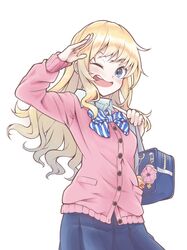  ;d bag blonde_hair blue_bag blue_eyes blue_skirt blush breasts cardigan female gift_bag hand_up highres holding holding_bag idolmaster idolmaster_cinderella_girls idolmaster_cinderella_girls_starlight_stage jewelry long_hair looking_at_viewer ohtsuki_yui one_eye_closed open_mouth pink_cardigan ponytail salute school_uniform shirt simple_background skirt small_breasts smile solo tamasa_yamoto teeth uniform wavy_hair white_background white_shirt 