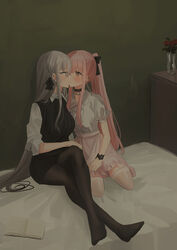  2girls bed black_bow black_pantyhose black_shorts blouse blush book bow braid breasts brown_eyes chihuri collared_shirt commentary_request ear_piercing earrings eye_contact flower frilled_shirt frilled_skirt frills grey_eyes grey_hair hair_between_eyes hairbow highres imminent_kiss indoors jewelry knee_up long_hair looking_at_another medium_breasts multiple_girls on_bed open_book original pantyhose pantyhose_under_shorts parted_lips photoshop_(medium) piercing pink_hair pink_skirt ponytail profile puffy_short_sleeves puffy_sleeves red_flower red_rose rose shirt short_shorts short_sleeves shorts sitting skirt stud_earrings sweater_vest thighhighs vase very_long_hair white_legwear white_shirt yana_(chihuri) yuri zoya_petrovna_vecheslova 