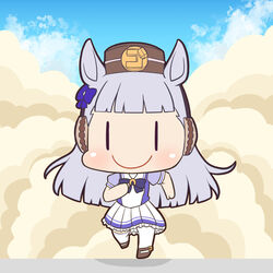  animal_ears blue_sky blush bow bowtie brown_footwear brown_headwear chibi closed_mouth cloud commentary_request dust female gold_ship_(umamusume) grey_hair hair_ribbon horse_ears horse_girl long_hair pillbox_hat purple_bow purple_bowtie purple_ribbon purple_shirt ribbon running school_uniform shiromaru_(maniado) shirt shoes short_sleeves skirt sky smile solo thighhighs tracen_school_uniform umamusume uniform white_skirt white_thighhighs |_| 