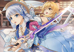  2girls absurdres bare_shoulders blue_dress blue_eyes blue_hair blunt_bangs brown_headwear commentary_request dress fedora genshin_impact hat highres holding holding_sword holding_weapon kamisato_ayaka kamisato_ayaka_(springbloom_missive) long_sleeves lumine_(genshin_impact) miri_(ago550421) mistsplitter_reforged_(genshin_impact) multiple_girls official_alternate_costume one_eye_closed open_mouth short_hair sword weapon 