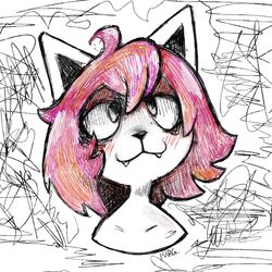  1:1 abstract_background anthro black_nose cowlick domestic_cat fangs felid feline felis female fur hair headshot_portrait laizd mammal margaret_(laizd) pink_hair portrait scribbles smile solo teeth white_body white_fur 