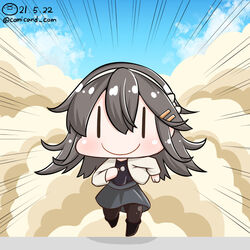  artist_logo black_footwear black_shirt blush chibi closed_mouth cloud dated dust female grey_hair grey_skirt hair_between_eyes hair_ornament hairband hairclip haruna_(kancolle) jacket kantai_collection long_hair looking_at_viewer one-hour_drawing_challenge pantyhose running shiromaru_(maniado) shirt shoes skirt sky smile solo twitter_username white_jacket |_| 