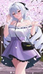  absurdres aircell bag bare_shoulders blue_eyes breasts bronya_zaychik bronya_zaychik_(silverwing:_n-ex) cherry_blossoms cleavage cowboy_shot dress drill_hair female grin handbag highres honkai_(series) honkai_impact_3rd large_breasts long_hair looking_at_viewer outdoors petals sleeveless smile solo twin_drills very_long_hair white_hair 