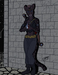  2020 5_fingers anthro anurri_(swordfox) apple armband arrow_(weapon) avoid_posting bandolier belt blue_eyes boots bow_(weapon) breasts brick_wall cleavage clothed clothing cobblestone color_edit colored crop_top ebonyleopard fan_colored felid feline female fingers food footwear fruit gem hair head_jewelry hi_res holding_knife holding_object khajiit knife leaning_on_wall leather leather_boots leather_clothing leather_footwear leather_top leather_topwear leopard_spots loitering looking_at_viewer mammal markings microsoft midriff midriff_top navel night pantherine plant quiver_(object) ranged_weapon ruby_(gem) sash scar shirt signature solo spots spotted_body spotted_markings standing star the_elder_scrolls the_elder_scrolls_online third-party_edit topwear twilight wall_(structure) weapon zenimax_online_studios 