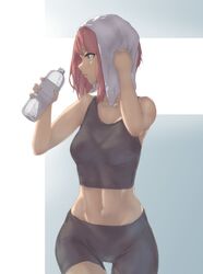  ark_royal_(kancolle) bike_shorts black_sports_bra blue_eyes bob_cut bottle breasts female holding kantai_collection medium_breasts navel parted_lips profile red_hair short_hair simple_background solo sports_bra sportswear towel towel_on_head tsukira_(amayadori) water_bottle 