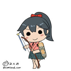  arrow_(projectile) artist_logo black_hair blue_hakama blush bow bow_(weapon) chibi closed_mouth dated female hairbow hakama holding holding_arrow holding_bow_(weapon) holding_weapon houshou_(kancolle) japanese_clothes kantai_collection kimono long_hair looking_at_viewer megahiyo_(style) one-hour_drawing_challenge pink_kimono ponytail red_bow shiromaru_(maniado) simple_background smile solo twitter_username weapon white_background 