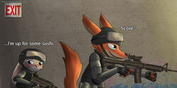  2:1 anthro ar_platform armor assault_rifle better_version_at_source blush body_armor canid canine clothing dialogue disney duo english_text exit_sign eyewear eyewear_on_head female fingerless_gloves fox gloves goggles goggles_on_head graffiti gun handwear headgear heckler_and_koch helmet holding_gun holding_object holding_ranged_weapon holding_weapon irreplaceable_bvas judy_hopps lagomorph leporid looking_down m4 male male/female mammal mp5 nick_wilde pandramodo police police_uniform rabbit ranged_weapon red_fox rifle submachine_gun swat text true_fox unavailable_at_source uniform wall_(structure) weapon zootopia 