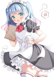  blue_eyes blue_hair blush female green_eyes highres holding looking_at_viewer maid maid_headdress medium_hair open_mouth original pink_hair ribbon short_hair simple_background skirt solo sugutsuka_rerun thighhighs thighs twintails 