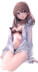  absurdres bikini breasts brown_bikini brown_hair cropped_legs female highres jacket kazenoko long_hair long_sleeves looking_at_viewer medium_breasts navel off_shoulder open_clothes open_jacket open_mouth original purple_eyes simple_background sitting smile solo stomach string_bikini swimsuit thighs white_background white_jacket 