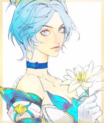  blue_brooch blue_eyes blue_hair border breasts cleavage collarbone detached_sleeves female flower gloves highres holding holding_flower jian_tai_(cuoyu0) league_of_legends looking_at_viewer official_alternate_costume official_alternate_hairstyle orange_border orianna_(league_of_legends) parted_bangs parted_lips short_hair simple_background solo star_guardian_(league_of_legends) star_guardian_orianna upper_body white_background white_flower white_gloves 