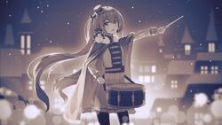  2girls band_uniform blurry bokeh building cape commentary cowboy_shot depth_of_field drumsticks fur-trimmed_cape fur_trim hatsune_miku highres holding holding_drumsticks js_vica long_hair looking_at_viewer mini_shako_cap monochrome multiple_girls night on_shoulder otomachi_una outstretched_arm pantyhose pleated_skirt sepia skirt snowing snowman twintails very_long_hair vocaloid 