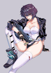  alternate_footwear arm_support belt black_gloves breasts cleavage commentary_request cyborg feet_out_of_frame female fingerless_gloves ghost_in_the_shell ghost_in_the_shell_stand_alone_complex gloves gun highleg highleg_leotard highres holding holding_gun holding_weapon jacket knee_up kusanagi_motoko leather leather_jacket leotard medium_breasts open_clothes open_jacket outstretched_leg parted_lips purple_hair red_eyes rifle shin_guards shoes short_hair sitting sneakers solo takanashi_ringo thighhighs trigger_discipline weapon white_leotard white_thighhighs 