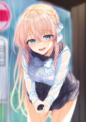  absurdres black_sailor_collar black_skirt blonde_hair blue_eyes blurry blurry_background bow bowtie braid breasts bus_stop buttons collarbone female gradient_hair hair_between_eyes highres hina_kurisu large_breasts long_hair multicolored_hair pink_hair pleated_skirt rain sailor_collar shirt skirt solo taking_shelter teltelhousi twitter_username unreal_night_girls virtual_youtuber wet wet_clothes wet_hair wet_shirt white_bow white_bowtie white_shirt wringing_clothes wringing_skirt 