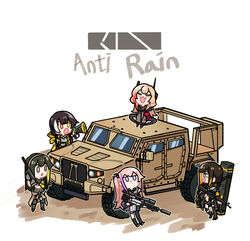  5girls :| =_= anti-rain_(girls&#039;_frontline) ar-15 assault_rifle chibi closed_eyes closed_mouth english_text girls&#039;_frontline ground_vehicle gun heterochromia highres holding holding_gun holding_weapon jitome jltv korean_commentary m16 m16a1 m16a1_(girls&#039;_frontline) m4_sopmod_ii_(girls&#039;_frontline) m4a1_(girls&#039;_frontline) megaphone motor_vehicle multiple_girls nemoga open_mouth particle_cannon_case rifle ro635_(girls&#039;_frontline) scope sitting smile st_ar-15_(girls&#039;_frontline) walkie-talkie weapon weapon_case 