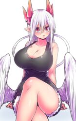  breasts commentary_request crossed_legs demon_girl demon_tail denim denim_shorts feathered_wings female highres huge_breasts lorem_(mazohaha) musuko_ga_kawaikute_shikatanai_mazoku_no_hahaoya red_eyes shorts simple_background tail white_background wings zyugoya 