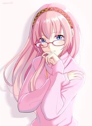  artist_name blue_eyes breasts closed_mouth commentary female glasses hairband hand_on_own_shoulder hand_to_own_mouth hand_up long_hair looking_at_viewer medium_breasts megurine_luka nokuhashi pink_hair pink_sweater project_diva_(series) project_diva_f sidelighting solo sweater upper_body vocaloid yurufuwa_koode_(module) 