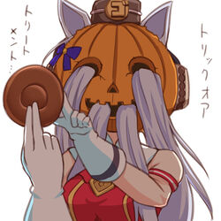  animal_ears armband bare_shoulders brown_headwear candy commentary_request dress female food gloves gold_ship_(umamusume) grey_hair gundam gundam_hathaway&#039;s_flash halloween holding horse_ears horse_girl jack-o&#039;-lantern long_hair pillbox_hat purple_ribbon red_dress ribbon shiromaru_(maniado) simple_background sleeveless sleeveless_dress solo translation_request umamusume upper_body white_background white_gloves 