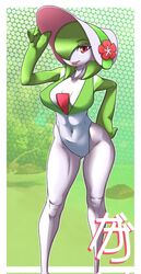  bad_id bad_twitter_id bonnet border breasts closed_mouth colored_skin commentary covered_abs covered_navel female flower gardevoir gardevoir_(fashionable) green_background green_hair hand_on_headwear hand_on_own_hip hat hat_flower healxyni highres knees medium_hair one-piece_swimsuit pink_eyes pokemon pokemon_(creature) pokemon_unite red_flower self-upload solo standing swimsuit white_border white_hat white_one-piece_swimsuit white_skin 