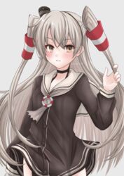  amatsukaze_(kancolle) brown_dress brown_eyes dress female grey_background grey_hair hair_tubes hat kantai_collection lifebuoy long_hair long_sleeves mini_hat ryouki_(ryoki_215) sailor_dress short_dress smokestack_hair_ornament solo swim_ring two_side_up 