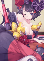  breasts cleavage fate/grand_order fate_(series) female highres japanese_clothes katsushika_hokusai_(fate) kimono large_breasts lying off_shoulder on_side one_eye_closed purple_eyes purple_hair ryofuhiko smile tokitarou_(fate) twitter_username watermark wide_sleeves 