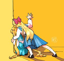  2girls aino_minako back back_bow bishoujo_senshi_sailor_moon black_footwear blonde_hair blue_bow blue_sailor_collar blue_skirt bow double_bun from_behind full_body hair_bun hairbow hand_up highres juuban_middle_school_uniform kneeling long_hair long_sleeves multiple_girls murimajimuri peeking_out pleated_skirt red_bow sailor_collar school_uniform serafuku shirt skirt socks tsukino_usagi twintails very_long_hair wall white_legwear white_shirt yellow_background 