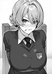  absurdres angry blush bound braid braided_bun breasts chair clenched_teeth darjeeling_(girls_und_panzer) dress_shirt emblem female food food_on_body food_on_breasts food_on_face girls_und_panzer greyscale hair_bun highres kimi_tsuru large_breasts looking_at_viewer monochrome necktie rope school_uniform shirt short_hair solo st._gloriana&#039;s_(emblem) st._gloriana&#039;s_school_uniform sweater teeth tied_to_chair v-neck white_background 