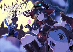  ahoge blue_hair brown_hair cup drinking_glass glasses halloween_costume hat idolmaster idolmaster_cinderella_girls moon multiple_girls muramatsu_sakura new_wave_(idolmaster) object_through_head ohishi_izumi screw_in_head stitched_face stitches tamachan_(gam_baru_ger) tsuchiya_ako wine_glass witch witch_hat 