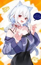  :3 animal_ears bare_shoulders black_dress braid braided_hair_rings cat_ears cat_tail cheese choker claw_pose collarbone commentary_request covered_navel cowboy_shot cropped_jacket diamond-shaped_pupils diamond_(shape) dress female food grey_hair hair_rings hakase_fuyuki hakase_fuyuki_(4th_costume) head_tilt highres index_finger_raised jacket kemonomimi_mode light_blush long_hair looking_at_viewer nijisanji oerba_yun_fang off-shoulder_jacket off_shoulder official_alternate_costume open_mouth orange_background purple_jacket red_eyes red_ribbon ribbon ribbon_choker skin_fang sleeveless sleeveless_dress smile solo spaghetti_strap symbol-shaped_pupils tail twin_braids two-tone_background v-shaped_eyebrows virtual_youtuber white_background wide_sleeves yodare_(3yami8) 