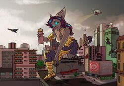  absurd_res aircraft alien anthro armor breasts building building_destruction cleavage clothed clothing crush damaged_building destruction digital_media_(artwork) female glowing glowing_eyes graffiti hair helicopter hi_res highlights_(coloring) holding_object holding_vehicle lombax long_hair long_tail macro mammal outside purplepawn rampage ratchet_and_clank shoeprints sitting sitting_on_building solo sony_corporation sony_interactive_entertainment spacecraft syrma tail vehicle vehicles 