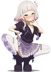  absurdres arched_bangs blush boots braid female full_body grey_hair grin highres hololive long_hair loose_necktie lunch_boxer murasaki_shion murasaki_shion_(school_uniform) necktie open_clothes open_shirt partially_unbuttoned plaid plaid_skirt side_braid simple_background skirt smile solo squatting sweat thighhighs virtual_youtuber white_background yellow_eyes zettai_ryouiki 