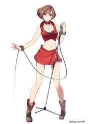  absurdres bare_arms bare_shoulders boots breasts brown_eyes brown_footwear brown_hair cleavage collarbone commentary crop_top female full_body highres large_breasts looking_at_viewer meiko_(vocaloid) meiko_(vocaloid3) microphone microphone_cord microphone_stand midriff miniskirt navel red_skirt short_hair shure_55sh simple_background skirt smile solo standing vocaloid white_background yen-mi 