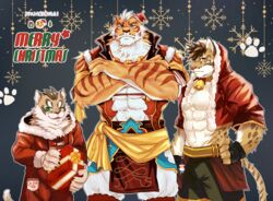  3boys ;) abs abs_cutout animal_ears animal_print arm_behind_head bara bell blue_eyes brown_hair chest_tuft christmas christmas_tree cleavage_cutout clothing_cutout commentary crossed_arms emoji fingerless_gloves fluffy furry furry_male gift gloves green_eyes hat hood hoodie large_pectorals leopard_boy leopard_ears leopard_print leopard_tail likulau_(nekojishi) lin_hu_(nekojishi) looking_at_viewer male_focus merry_christmas multiple_boys muscular muscular_male neck_bell nekojishi no_tattoo one_eye_closed orange_eyes orange_fur paw_print pectoral_cleavage pectorals pelvic_curtain santa_hat short_hair shu_chi_(nekojishi) smile snake_tattoo snowflake_background stomach symbol-only_commentary tail tattoo tiger_boy tiger_ears tiger_stripes tora_d translated upper_body white_background white_hair wreath zipper 