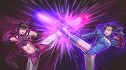  2girls ass_visible_through_thighs baggy_pants black_hair blue_footwear boots breasts brown_hair chinese_clothes chun-li cleavage dark_persona double_bun dudou fingerless_gloves gloves glowing glowing_eye hair_bun hair_horns hair_pulled_back hair_ribbon halterneck highleg highleg_leotard highres juri_han leebigtree leotard medium_breasts multiple_girls pants purple_eyes red_eyes red_gloves ribbed_leotard ribbon shadaloo_dolls smile street_fighter thigh_boots thighhighs toeless_legwear white_ribbon 