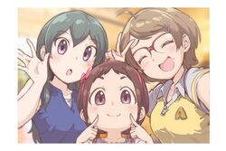  3girls :o ^_^ ^o^ ahoge bad_id bad_twitter_id blue_hair blush border brown_hair closed_eyes drawing_(object) eyebrows finger_to_cheek glasses hair_ornament hairband hairpin highres idolmaster idolmaster_cinderella_girls looking_at_viewer multiple_girls muramatsu_sakura new_wave_(idolmaster) ohishi_izumi open_collar red-framed_eyewear selfie semi-rimless_eyewear smile tamachan_(gam_baru_ger) tsuchiya_ako upper_body v white_border 