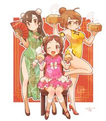  ahoge baozi blue_hair breasts brown_hair china_dress chinese_clothes cleavage dress eyebrows folding_fan food glasses hair_ornament hand_fan highleg idolmaster idolmaster_cinderella_girls multiple_girls muramatsu_sakura new_wave_(idolmaster) ohishi_izumi short_twintails tamachan_(gam_baru_ger) tsuchiya_ako twintails 