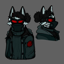  2bdamned ambiguous_gender animal_humanoid anthro bandage bandaged_face black_body black_hair black_markings bust_portrait canid canine canis clothed clothing digital_media_(artwork) domestic_dog eyewear eyewear_on_head fur goggles hair hair_bun headgear headwear hoodie humanoid husky jacket looking_at_viewer madness_combat madness_combat_(series) mammal mammal_humanoid markings mask multicolored_body multicolored_fur nordic_sled_dog portrait ratty0poss red_lens shirt side_view simple_background solo spitz sweater topwear tuft turtleneck two_tone_body two_tone_fur white_body white_fur 