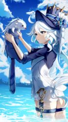  absurdres aida_noa ascot black_ascot blue_brooch blue_eyes blue_gemstone blue_hair blue_headwear blue_sky commentary_request cowlick female furina_(genshin_impact) gem genshin_impact hat highres leisurely_otter_(genshin_impact) light_blue_hair multicolored_hair otter short_shorts shorts sky thick_thighs thigh_strap thighs top_hat water wet wet_clothes white_shorts 