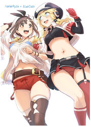  2girls atelier_(series) atelier_ryza atelier_ryza_1 bare_shoulders belt beret black_headwear black_ribbon black_skirt blonde_hair blue_eyes blue_oath blush breasts brown_belt brown_eyes brown_gloves brown_hair camisole cleavage cropped_jacket cropped_shirt crossover gloves hat highres jacket jewelry large_breasts layered_sleeves leather_belt long_hair long_sleeves multiple_girls navel necklace oakland_(blue_oath) open_mouth panties red_gloves red_panties red_shorts reisalin_stout ribbon short_hair short_over_long_sleeves short_shorts short_sleeves shorts sidelocks simple_background skirt sleeveless sleeveless_jacket smile star_(symbol) star_necklace thick_thighs thighs underboob underwear white_background white_camisole white_headwear white_jacket whoosaku yellow_jacket 