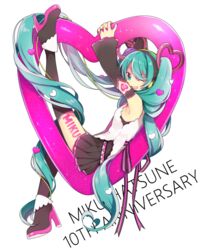  absurdly_long_hair anniversary armlet arms_up belt blue_eyes blue_hair blush character_name commentary detached_sleeves female hair_ornament hatsune_miku headphones heart heart_hair_ornament high_heels highres hug leg_tattoo leg_up long_hair long_sleeves looking_at_viewer lying nail_polish naruto_maki oerba_yun_fang on_back one_eye_closed open_mouth pleated_skirt ribbon shirt sitting skin_fang skirt sleeveless sleeveless_shirt smile solo tattoo thighhighs twintails very_long_hair vocaloid 