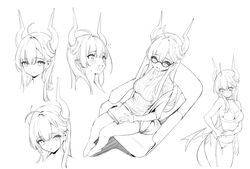  !? absurdres book breasts demon_horns female glasses highres holding holding_book horns looking_at_viewer looking_down looking_up nekojira open_mouth original smile sweater thea_(nekojira) thighs underwear white_background wide-eyed 