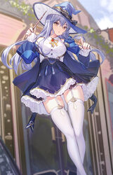  ass_visible_through_thighs blue_hat blue_jacket blue_skirt blurry blurry_background breasts brown_eyes collared_shirt commentary crossed_ankles day depth_of_field dress_shirt feet_out_of_frame female garter_straps grey_hair hair_between_eyes hand_up hat highres holding holding_wand index_finger_raised jacket leaning_to_the_side legs long_hair long_sleeves looking_at_viewer medium_breasts miniskirt neck_ribbon off_shoulder open_clothes open_jacket original outdoors parted_lips pointing pointing_at_viewer ribbon ririko_(zhuoyandesailaer) saegusa_riko shirt shirt_tucked_in skindentation skirt sleeveless sleeveless_shirt sleeves_past_wrists solo standing thighhighs very_long_hair wand white_shirt white_thighhighs witch_hat yellow_ribbon 