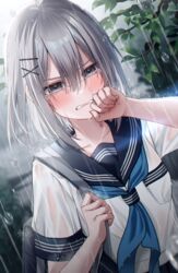  absurdres bag blue_neckerchief blue_sailor_collar blush collarbone female grey_eyes grey_hair hair_between_eyes hair_ornament hairclip highres kuro_namako medium_hair neckerchief original outdoors rain sailor_collar school_bag school_uniform serafuku shirt short_sleeves solo tearing_up tears uniform wet wet_clothes wet_hair wet_shirt x_hair_ornament 