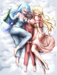  &gt;:( 13enter 3girls anger_vein aqua_(konosuba) arms_behind_back barefoot bed_sheet between_breasts black_hair blonde_hair blue_hair blue_pajamas blue_pants blush bondage bondage bottle bound breast_envy breast_press breasts cleavage closed_eyes closed_mouth collarbone darkness_(konosuba) dress drooling feet frilled_dress frills from_above head_between_breasts highres holding holding_bottle kono_subarashii_sekai_ni_shukufuku_wo! large_breasts long_hair looking_at_viewer lying megumin multiple_girls off_shoulder on_back on_bed on_side pajamas pants pink_dress pout red_eyes red_pajamas red_pants rope sleeping small_breasts straddling v-shaped_eyebrows 