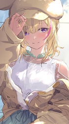  blonde_hair blush buttons female guchico hair_between_eyes hand_on_headwear hat highres hololive jacket long_sleeves looking_at_viewer multicolored_hair off_shoulder official_alternate_costume official_alternate_hair_length official_alternate_hairstyle omaru_polka omaru_polka_(street_casual) open_clothes open_jacket pink_hair purple_eyes shirt sleeveless sleeveless_shirt smile solo split_mouth streaked_hair upper_body virtual_youtuber white_shirt 