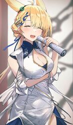  :d ^_^ animal_ears arknights arm_under_breasts bare_shoulders blonde_hair blue_skirt blurry blurry_background braid braided_bangs breasts cleavage cleavage_cutout closed_eyes clothing_cutout commentary depth_of_field detached_sleeves dress facing_viewer female hair_over_one_eye hand_up highres holding kiyakyuu kroos_(arknights) kroos_the_keen_glint_(along_the_corridor)_(arknights) kroos_the_keen_glint_(arknights) long_hair long_sleeves medium_breasts pleated_skirt skirt sleeveless sleeveless_dress smile solo very_long_hair white_dress white_sleeves 