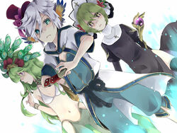  3girls alternate_color bikini bikini_top_only black_dress black_thighhighs blue_shorts bracelet bracer clenched_hand closed_mouth coat commentary_request cowboy_shot cross cross_necklace dancer_(ragnarok_online) dress dutch_angle fist_in_hand green_eyes green_hair green_skirt hat head_wings headdress holding holding_staff jewelry juliet_sleeves long_hair long_sleeves looking_at_viewer looking_to_the_side midriff monk_(ragnarok_online) multicolored_wings multiple_girls navel necklace peacock_feathers pose priest_(ragnarok_online) puffy_sleeves purple_headwear ragnarok_online rope_belt short_hair short_sleeves shorts skirt staff standing swimsuit thighhighs top_hat white_background white_bikini white_coat white_hair wings yutsuki 